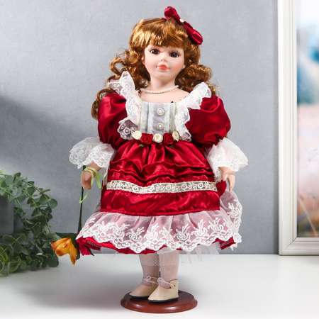 Кукла коллекционная Зимнее волшебство керамика «Наташа в бордовом платье с рюшами с бантом в волосах» 40 см