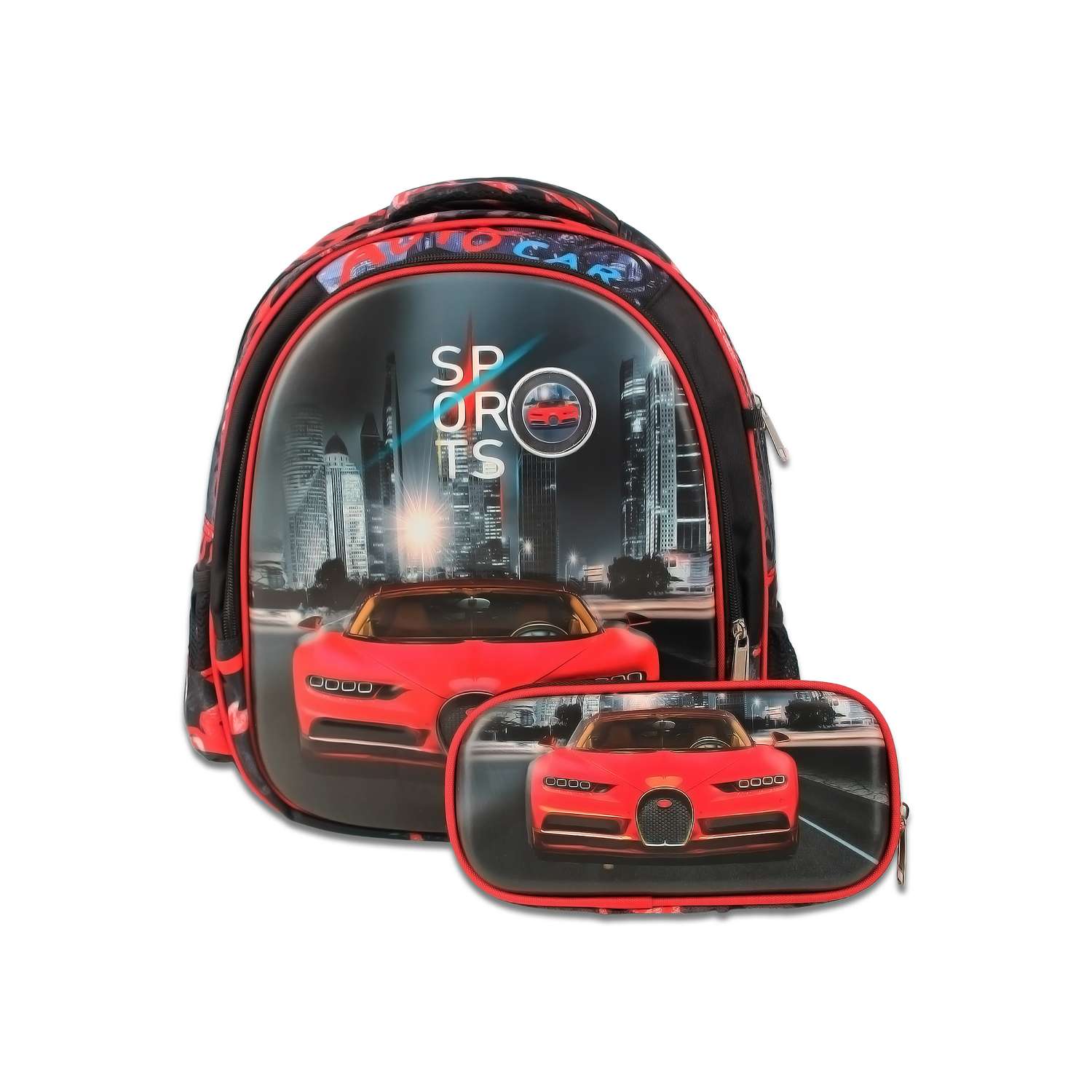 Рюкзак школьный с пеналом Little Mania Машина красный - фото 1
