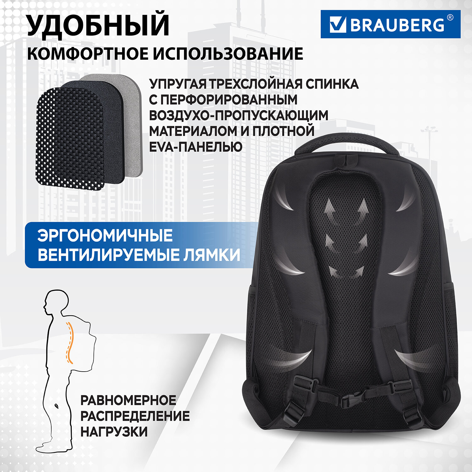 Рюкзак Brauberg Urban универсальный с отделением для ноутбука нагрудный ремешок Impulse - фото 3