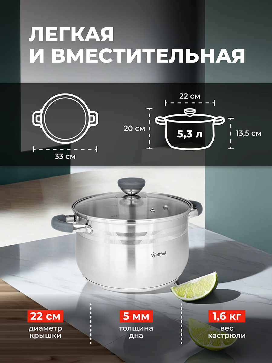 Кастрюля Wellfort 5.3Л нержавеющая сталь купить по цене 2623 ₽ в  интернет-магазине Детский мир