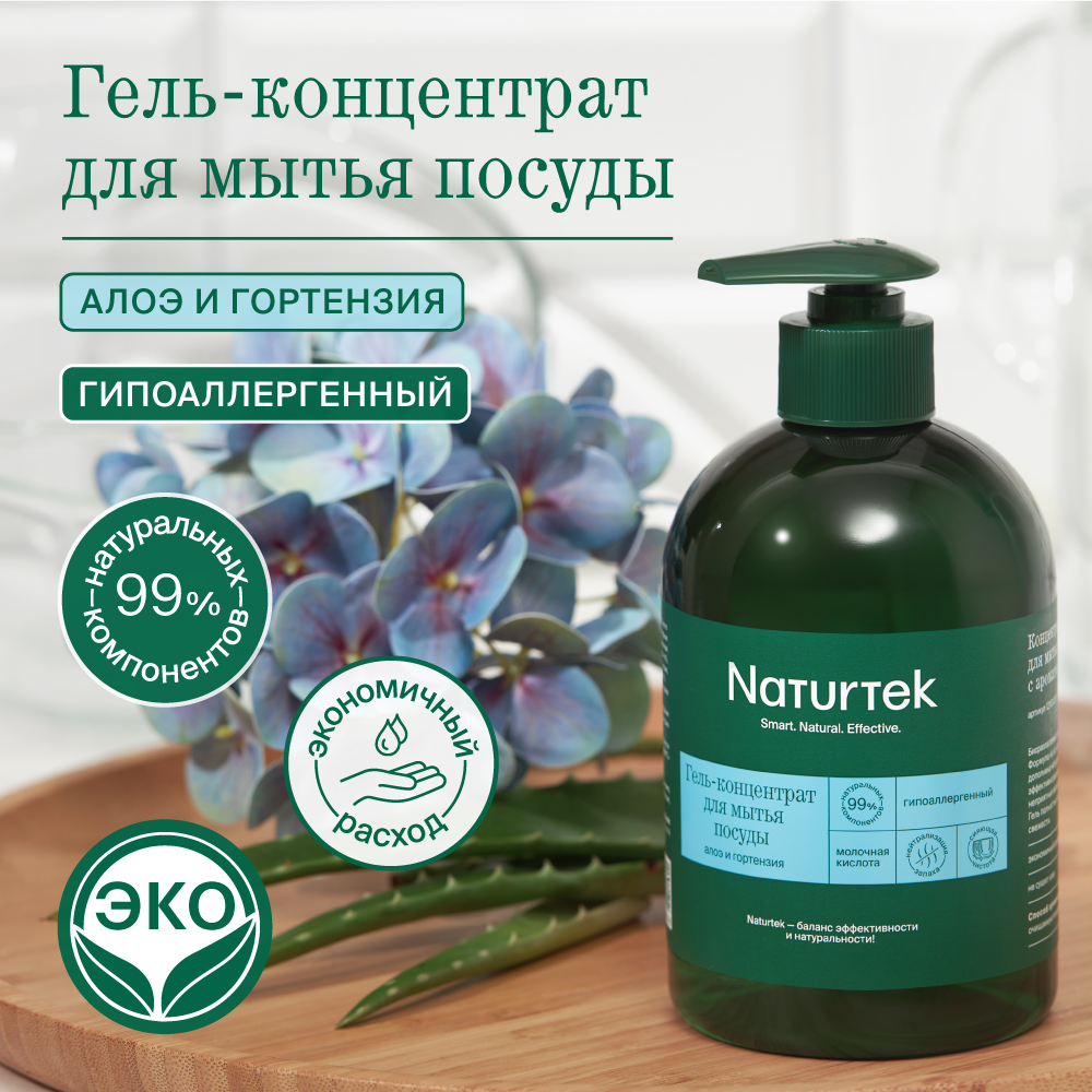 Гель для посуды Naturtek концентрированный гипоаллергенный с ароматом алоэ и гортензия 400 мл - фото 2