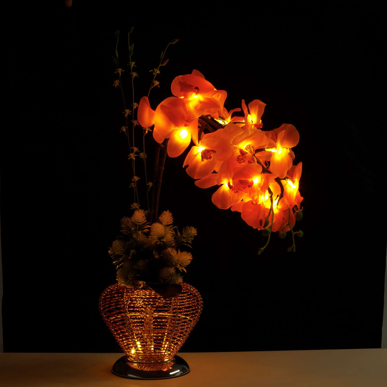 Светильник BABY STYLE светодиодный Орхидея оранжевый в металлической вазе с кнопкой 50 см - фото 2