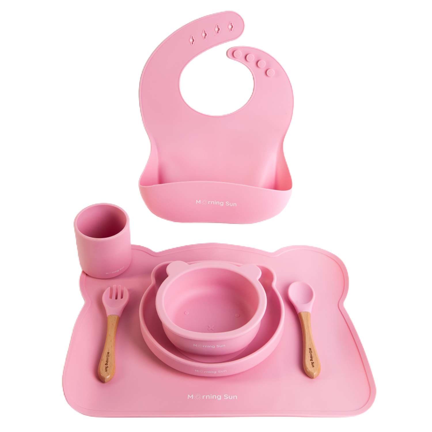 Набор детской посуды Morning Sun Силиконовый 7 предмета розовый с ковриком - фото 1