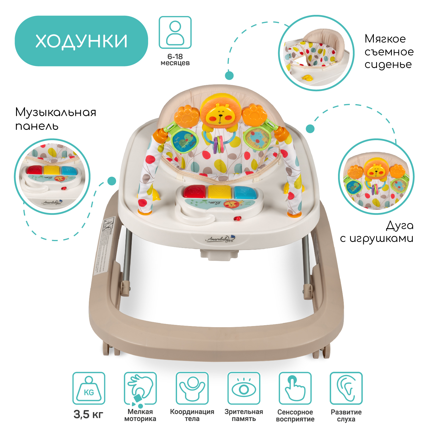 Ходунки Amarobaby Walking Baby с электронной игровой панелью Бежевый - фото 11