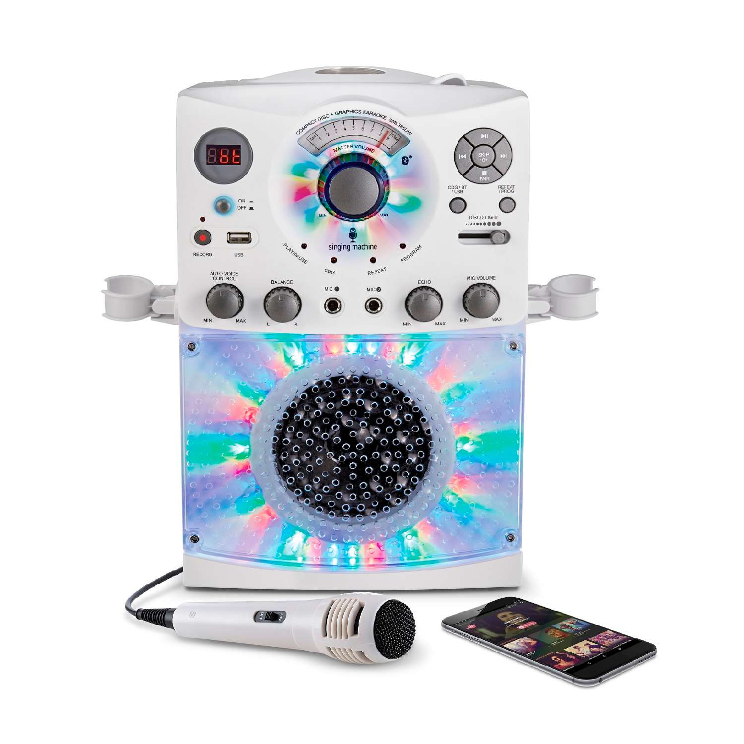 Караоке система Singing Machine с LED Disco подсветкой белый Bluetooth CD+G USB - фото 3