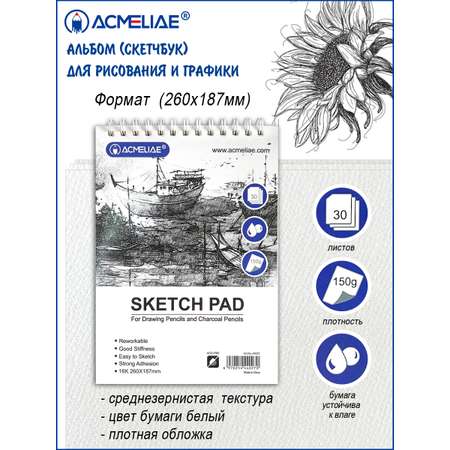 Альбом-скетчбук ACMELIAE Для рисования и графики на пружине 260х187 мм 150 г 30 листов