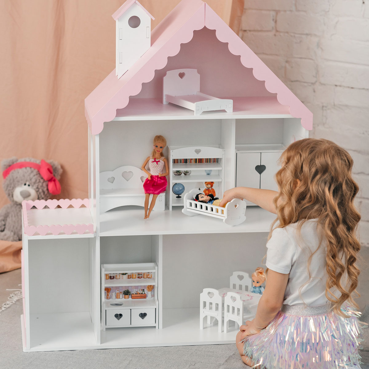 Кукольный дом Pema kids бело-розовый Материал МДФ СнежанаБелРоз - фото 2