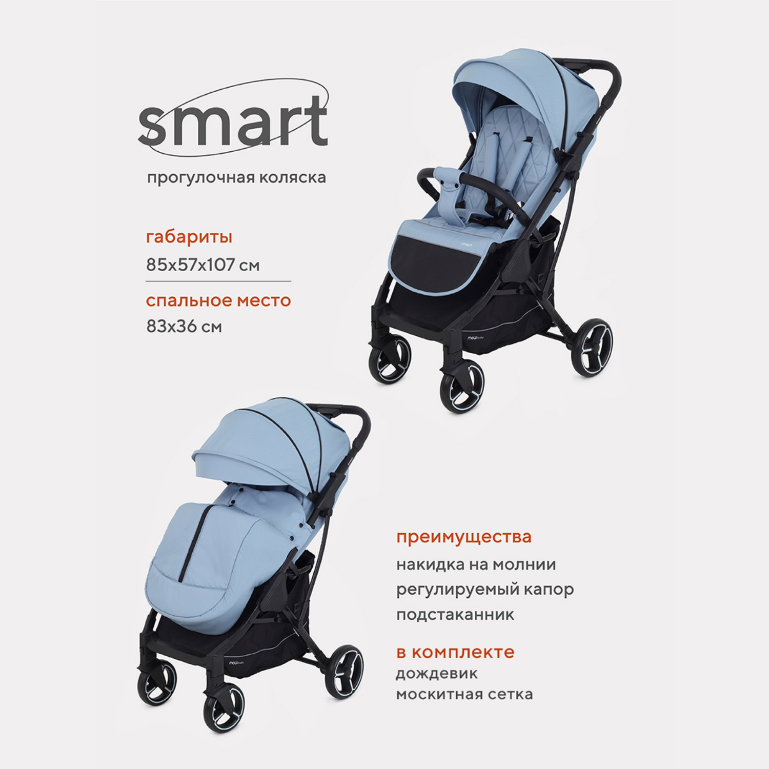 Коляска прогулочная MowBaby Smart MB101 Blue 2023 - фото 1