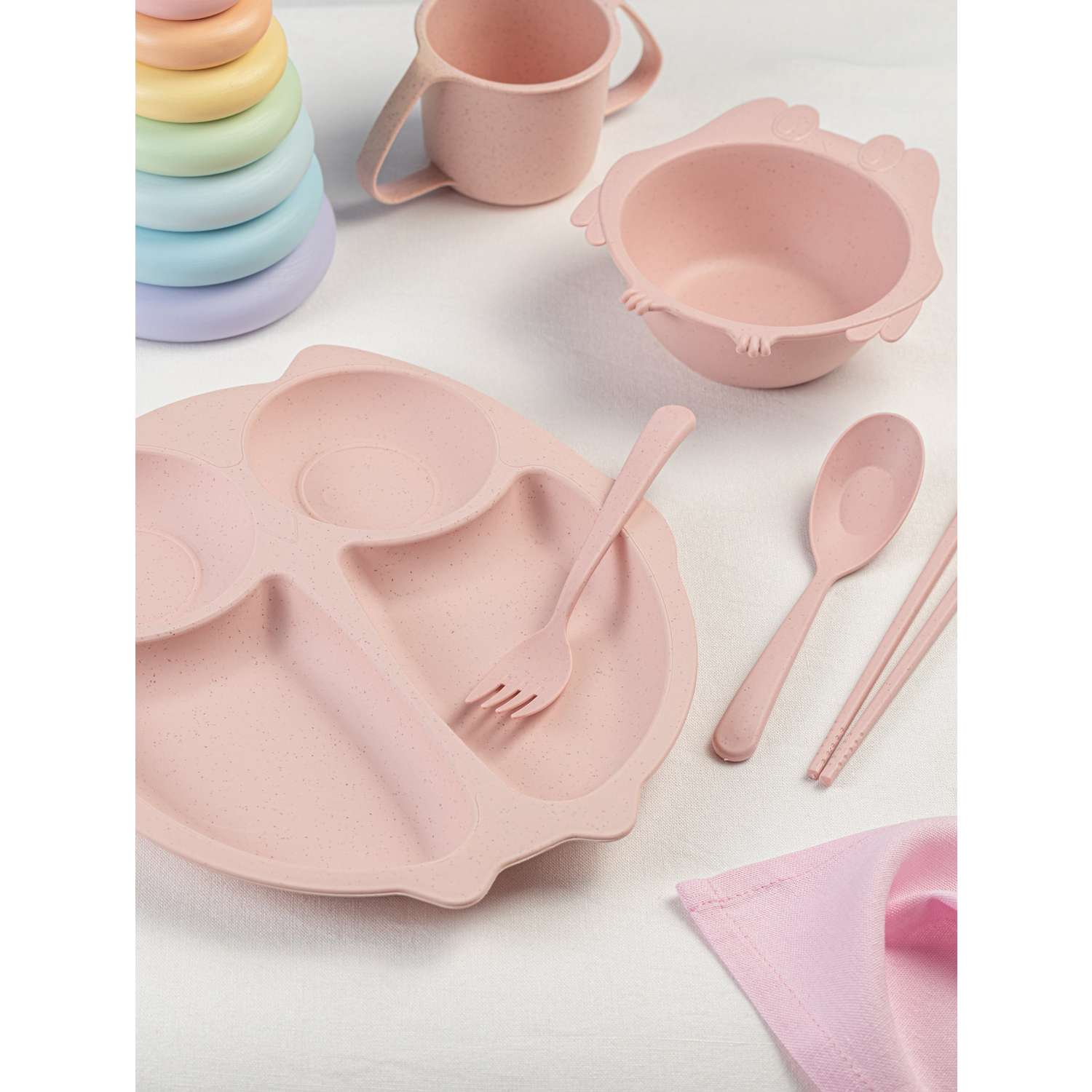 Набор детской посуды Добрый Филин Детская тарелка вилка ложка Совушка розовая 6 предметов - фото 2