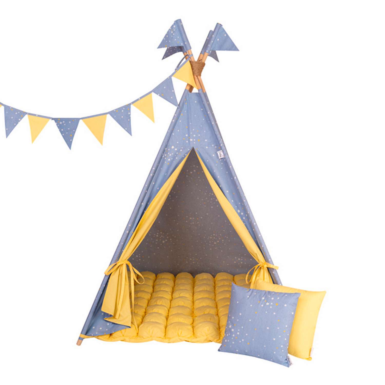 Детская игровая палатка вигвам Buklya Созвездие с ковриком бон-бон цв. голубой / желтый - фото 3
