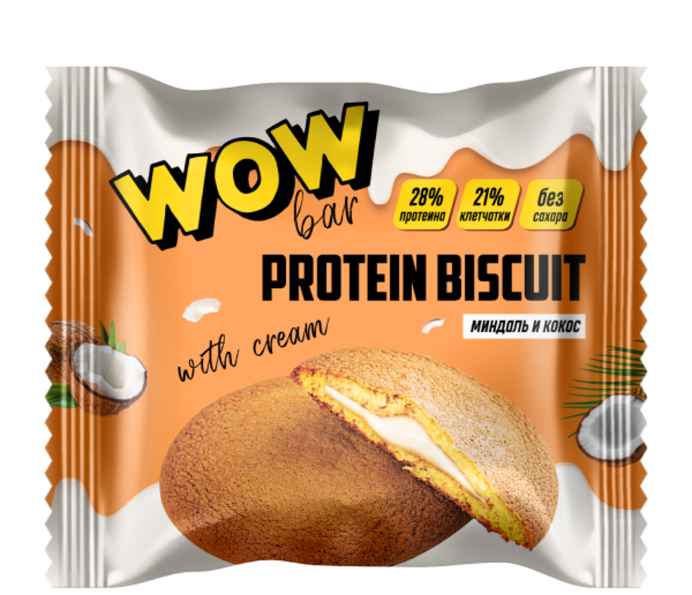 Протеиновое печенье Prime Kraft WOWBAR PROTEIN BISCUIT с кремовой начинкой со вкусом «Кокос и миндаль» 10 шт x 40 гр - фото 1