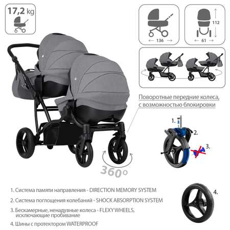 Коляска для двойни 2в1 Bebetto 42 Comfort 04 шасси Черное