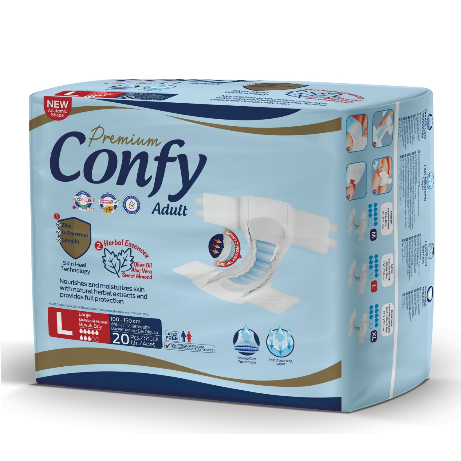 Подгузники для взрослых CONFY Adult Premium L20 размер L талия 100-150 см 20 шт - фото 2