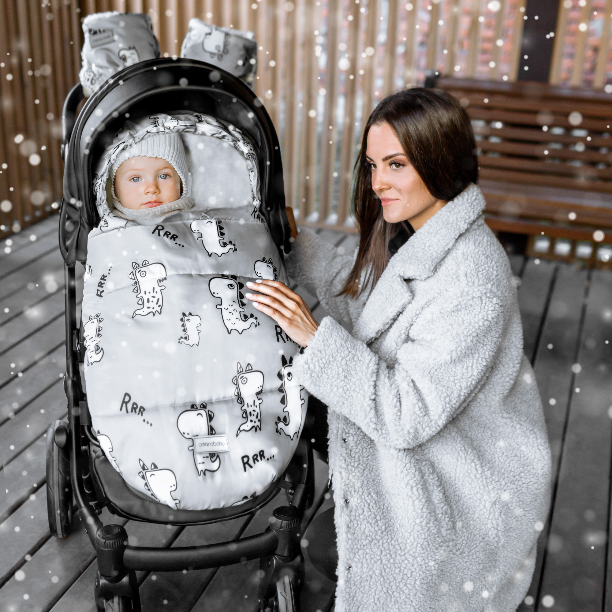 Конверт зимний AmaroBaby меховой Snowy Travel Динозавры серый 105 см - фото 4