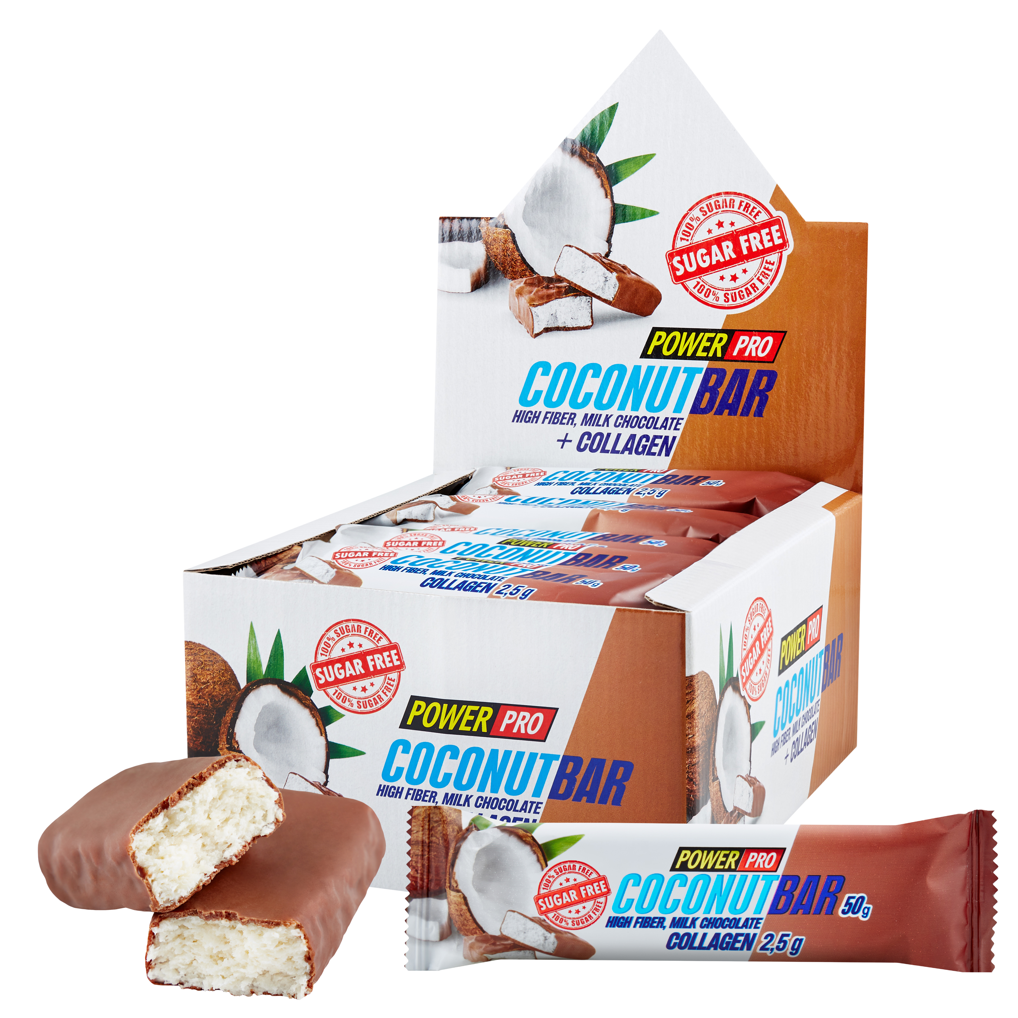 Батончик без сахара POWER PRO Coconut Bar в молочном шоколаде 50г (10 шт) - фото 1