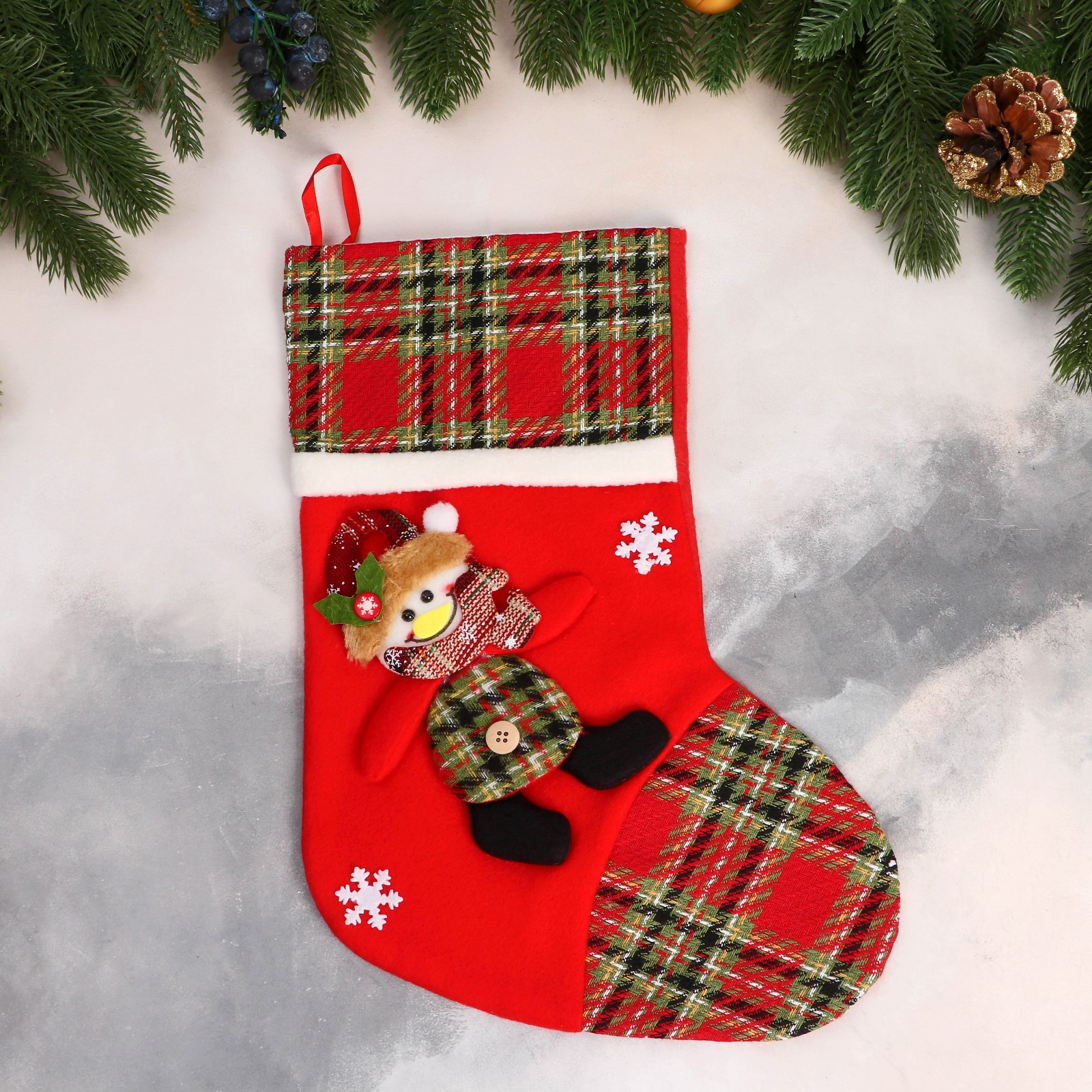 Носок Зимнее волшебство для подарков «Снеговик клетка» 26х36 см красно зелёный - фото 1