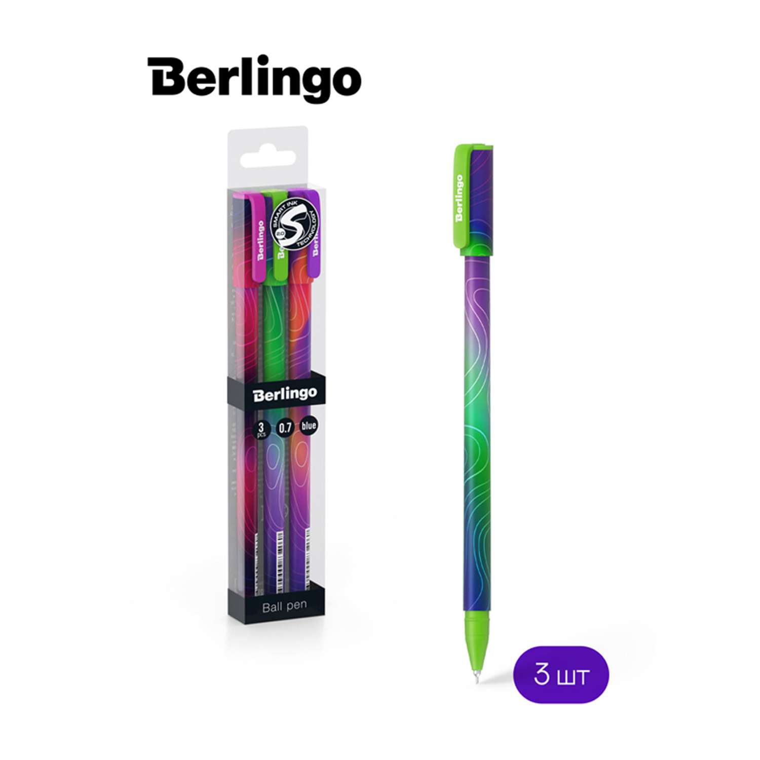 Ручка шариковая Berlingo Terrain синяя 0.7 мм грип рисунок на корпусе 3 шт PET-бокс с европодвесом - фото 2