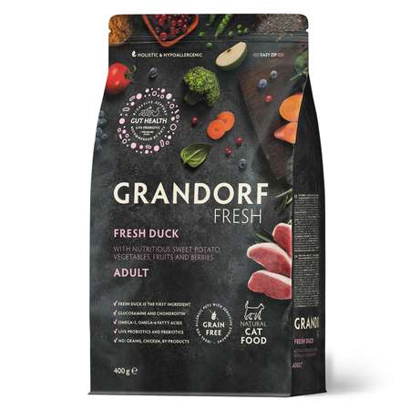 Корм для кошек GRANDORF FRESH Fresh Cat Adult Duck/Sweet Potato 400г свежее мясо утки с бататом беззерн с жив пробиотиками