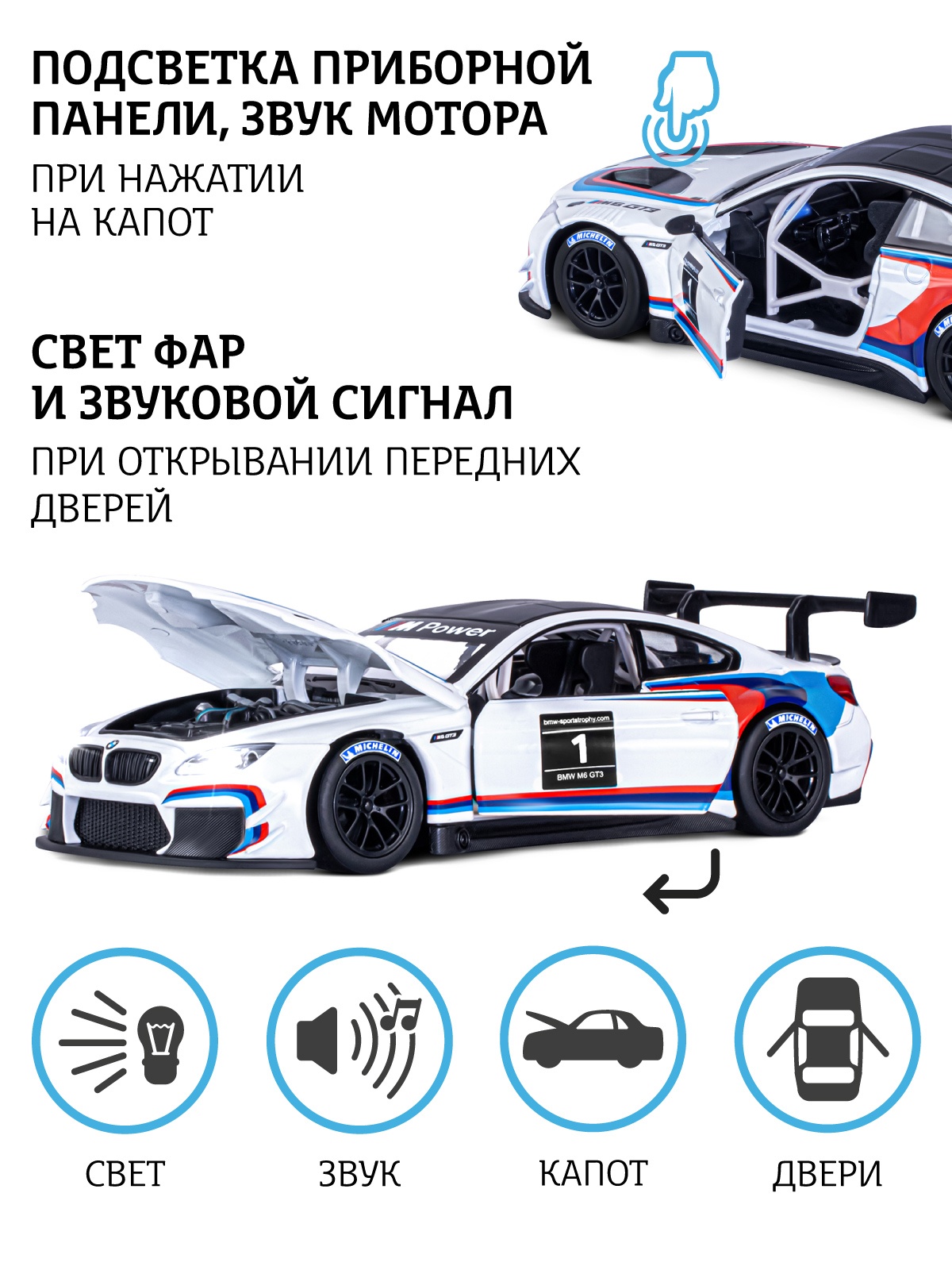 Машинка металлическая АВТОпанорама BMW M6 GT3 1:24 белый купить по цене  3384 ₽ в интернет-магазине Детский мир