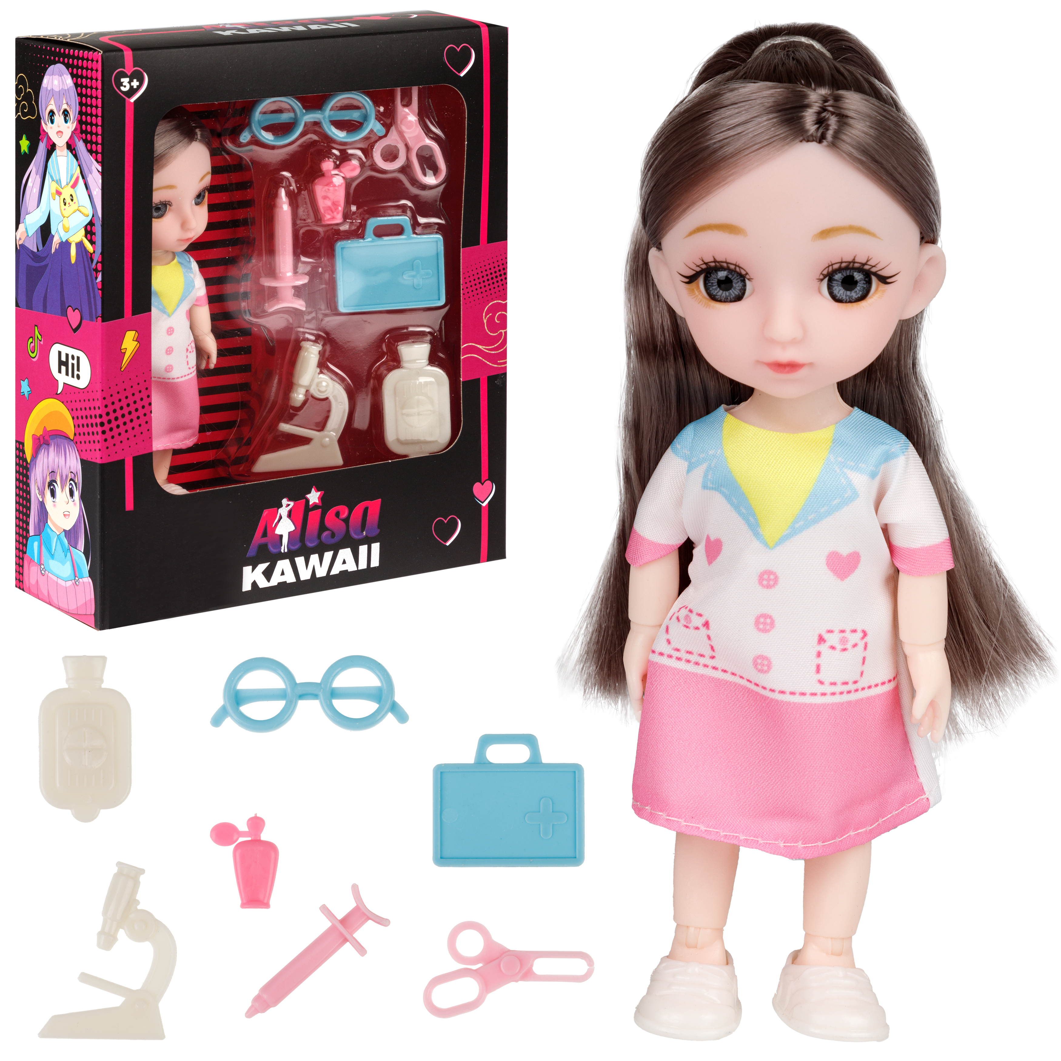 Кукла шарнирная 15 см 1TOY Alisa Kawaii доктор с длинными волосами брюнетка с аксессуарами Т24355 - фото 9