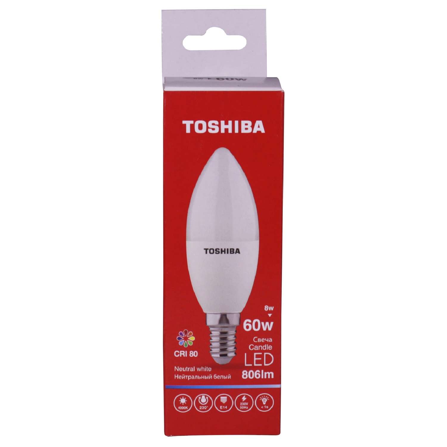 Лампа светодиодная Toshiba 8 Вт Е14 60W свеча C39 4000 K нейтральный свет 220В матовая - фото 1