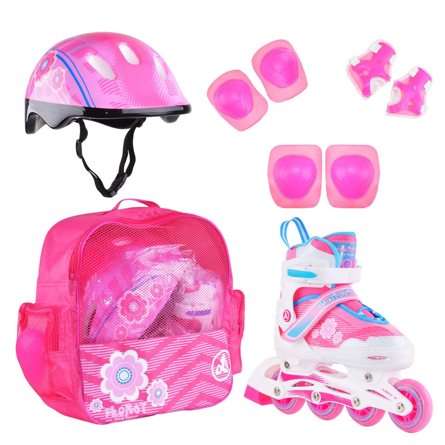 Набор роликовые коньки Alpha Caprice раздвижные Floret White Pink Blue шлем и набор защиты в сумке размер M 35-38 - фото 1