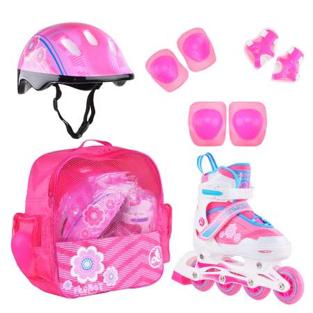 Набор роликовые коньки Alpha Caprice раздвижные Floret White Pink Blue шлем и набор защиты в сумке размер M 35-38