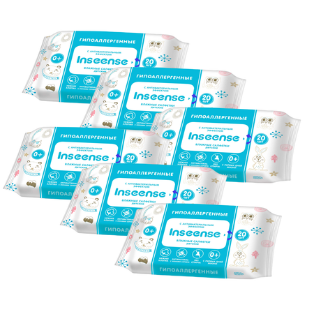 Влажные салфетки INSEENSE детские антибактериальные 6 упаковок по 20 шт.