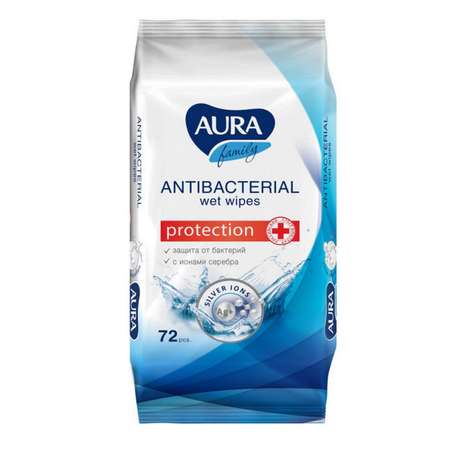 Влажные салфетки AURA Family с антибактериальным эффектом 72 шт