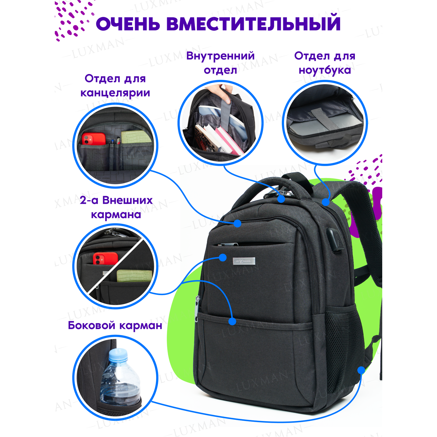 Рюкзак школьный ортопедический LUXMAN с табличкой Черный - фото 2