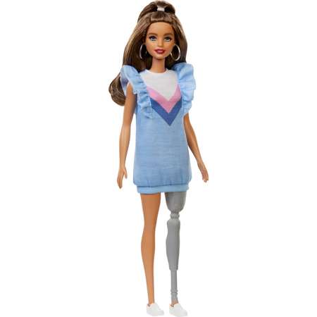 Кукла Barbie Игра с модой 121 Брюнетка с протезом в голубом платье FXL54