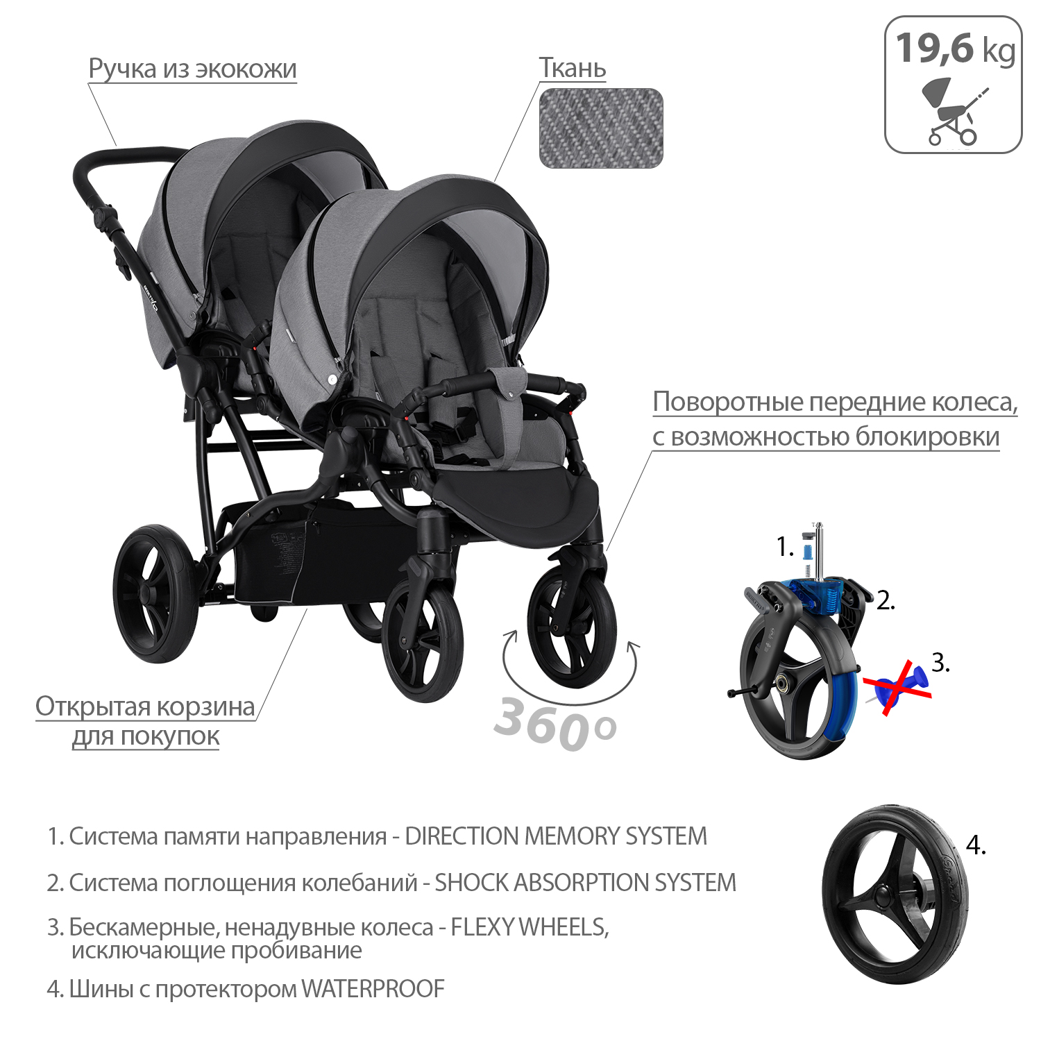 Коляска прогулочная для двойни Bebetto 42 Sport Comfort 04 шасси Черное - фото 5