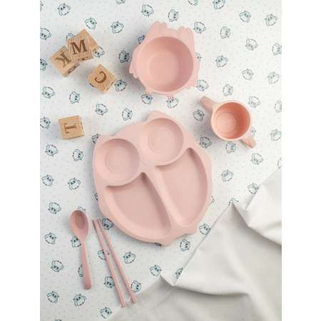 Набор детской посуды Добрый Филин Детская тарелка вилка ложка Совушка розовая 6 предметов