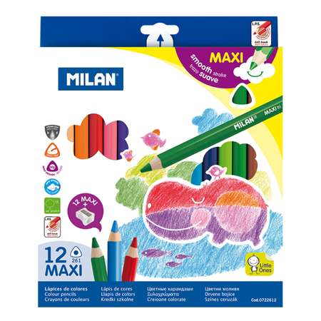 Набор цветных карандашей MILAN толстых 12 шт и точилка. трехгранный корпус в картонной упаковке