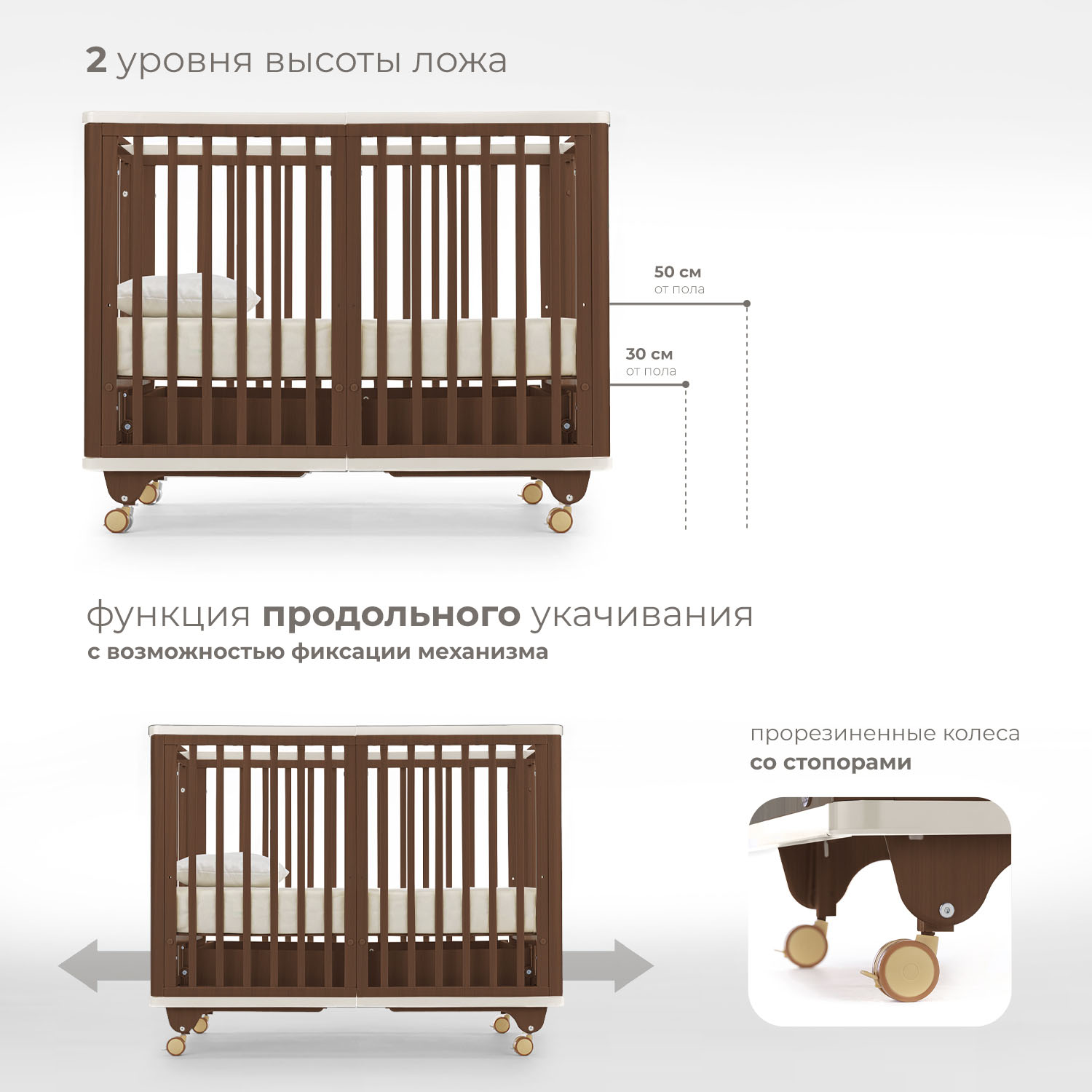 Детская кроватка Nuovita прямоугольная, продольный маятник (темный орех) - фото 3