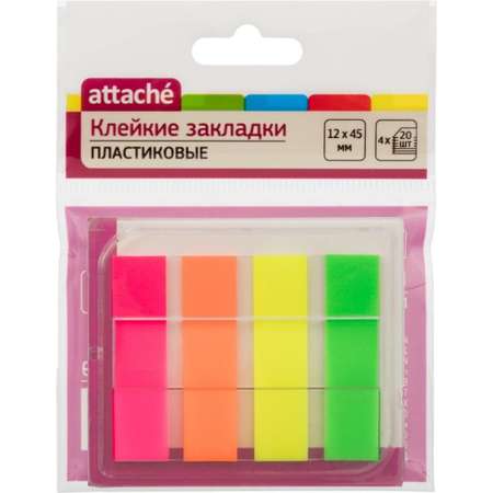 Клейкие закладки Attache пластиковые 4 цвета по 20 листов 12 мм х45 диспенсер 10 шт