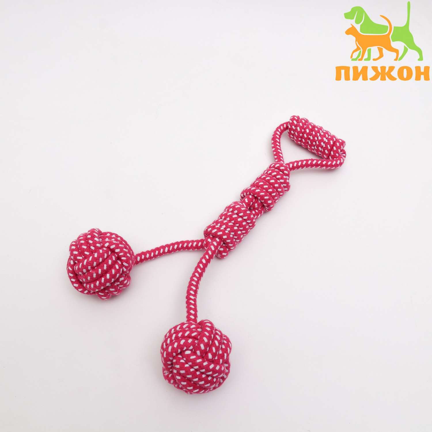 Игрушка для собак Пижон канатная с ручкой и мячами «Дуэт» розовая до 35 см - фото 2