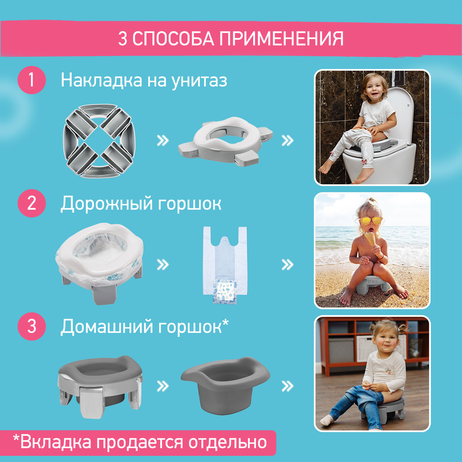 Горшок дорожный ROXY-KIDS складной детский 2 в 1 для детей в дорогу цвет серый - фото 2