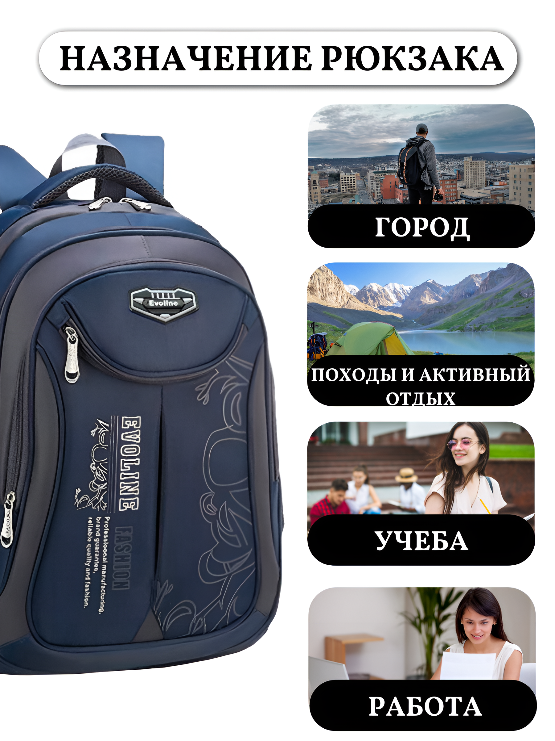 Рюкзак школьный Evoline большой темно-синий с потайным карманом - фото 6