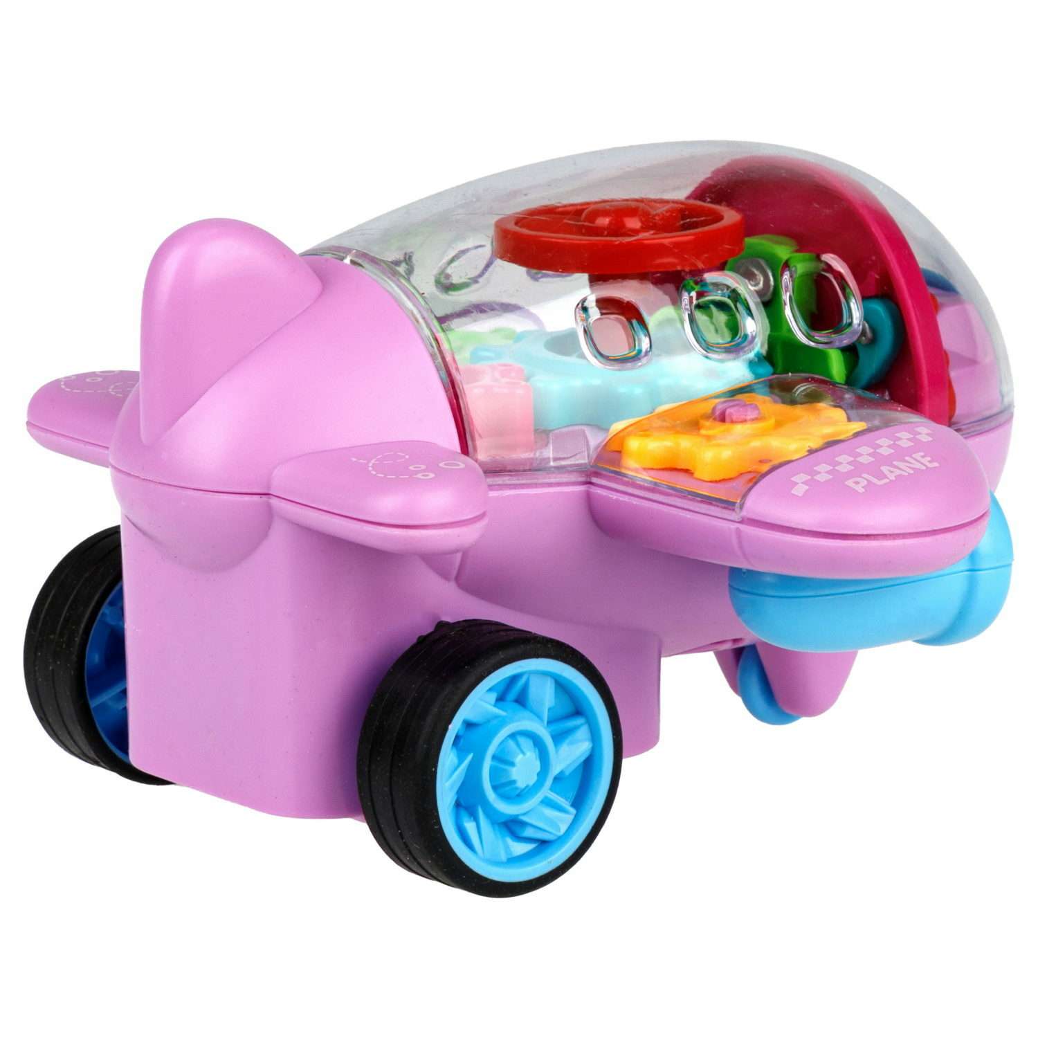 Самолет игрушка для детей 1TOY Движок розовый прозрачный с шестеренками светящийся на батарейках - фото 2