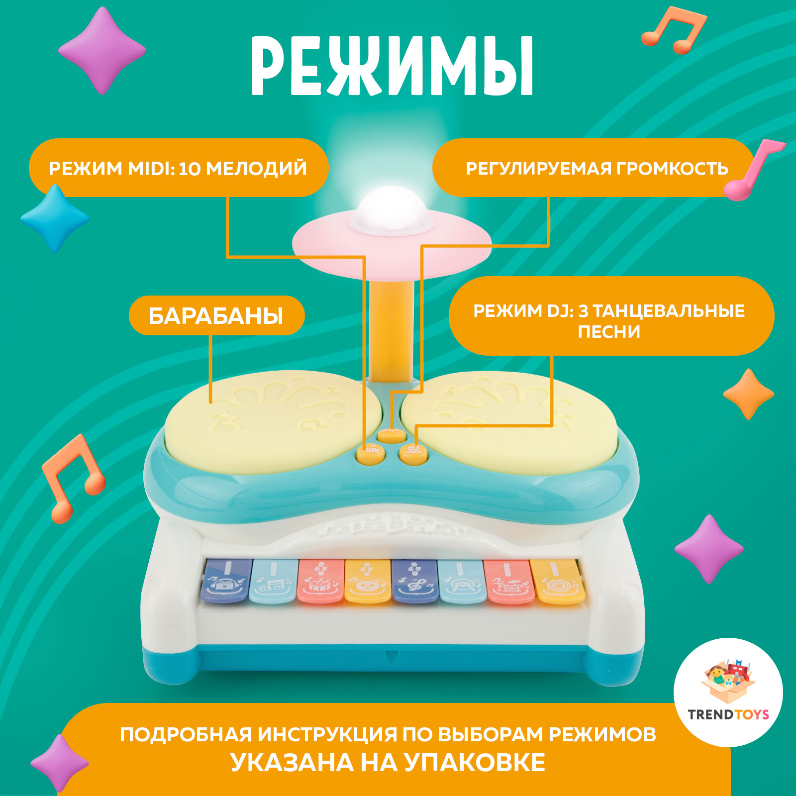 Пианино музыкальное TrendToys Развивающее с барабанами для малышей - фото 2