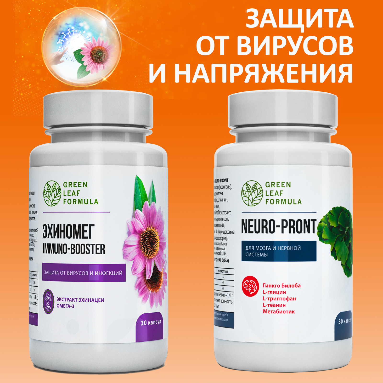 Витамины для иммунитета Green Leaf Formula для мозга для памяти триптофан эхинацея от простуды 60 капсул - фото 1