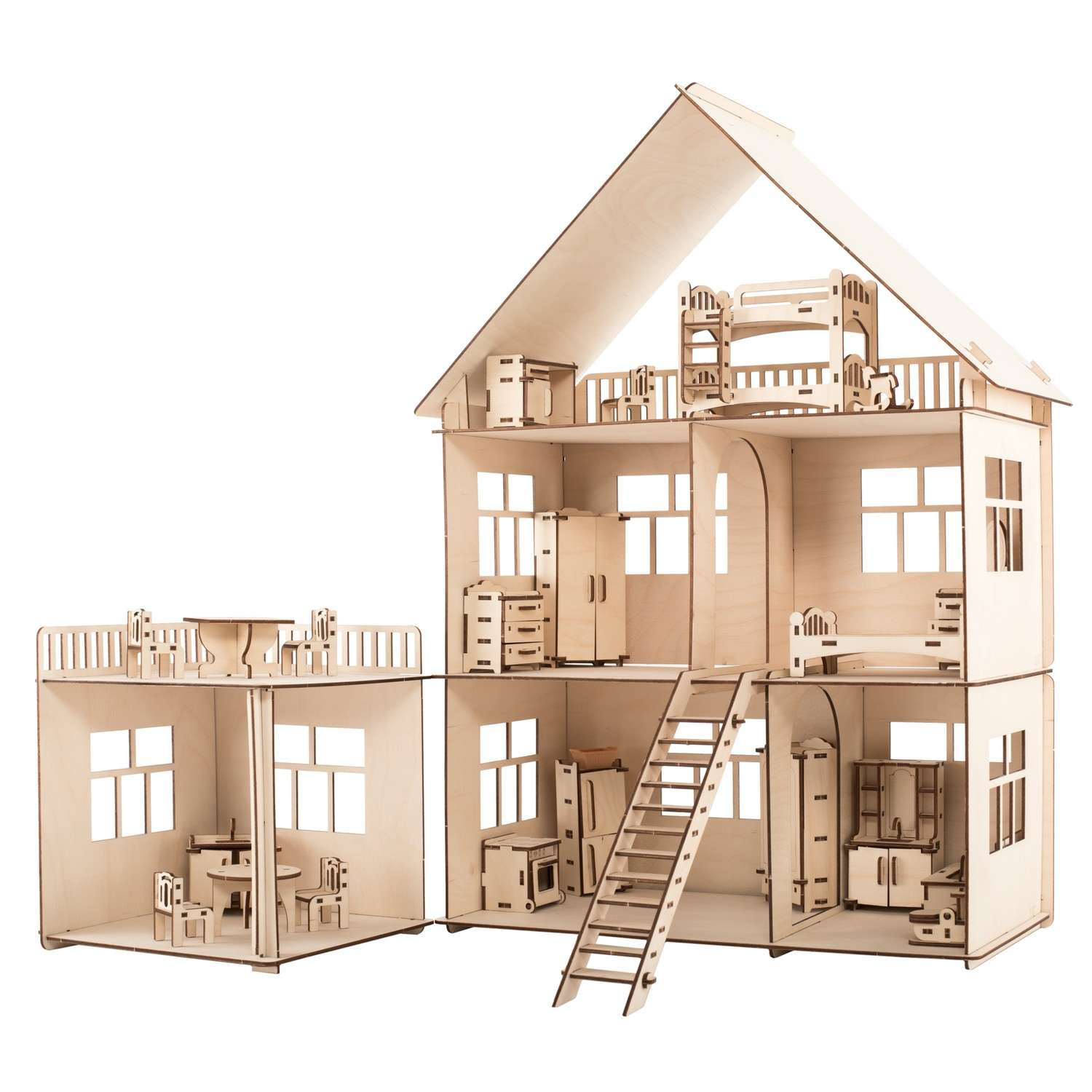 Деревянный конструктор ХэппиДом Кукольный дом для лол с пристройкой и мебелью HK-B004 - фото 1