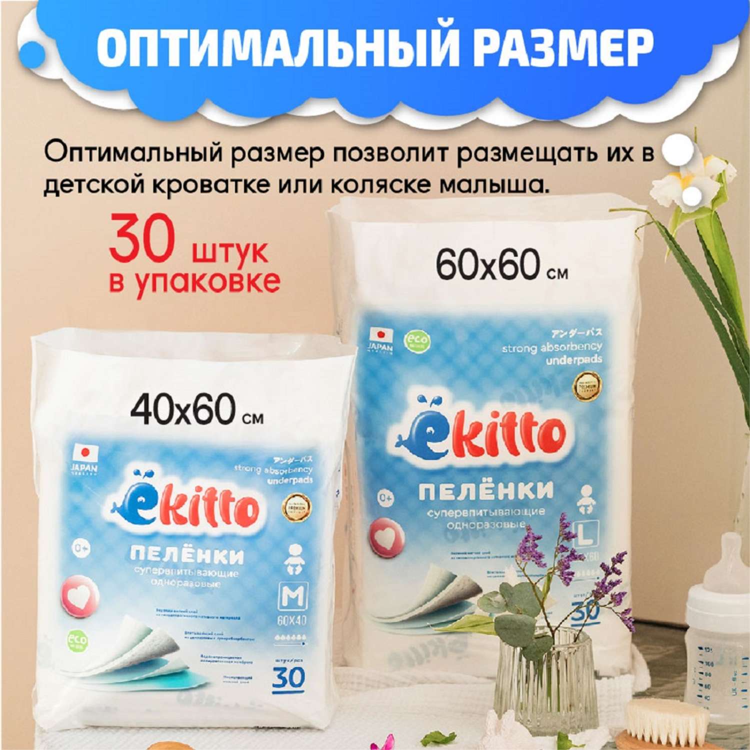 Пеленки одноразовые Ekitto для новорожденных впитывающие 40х60 30шт - фото 7