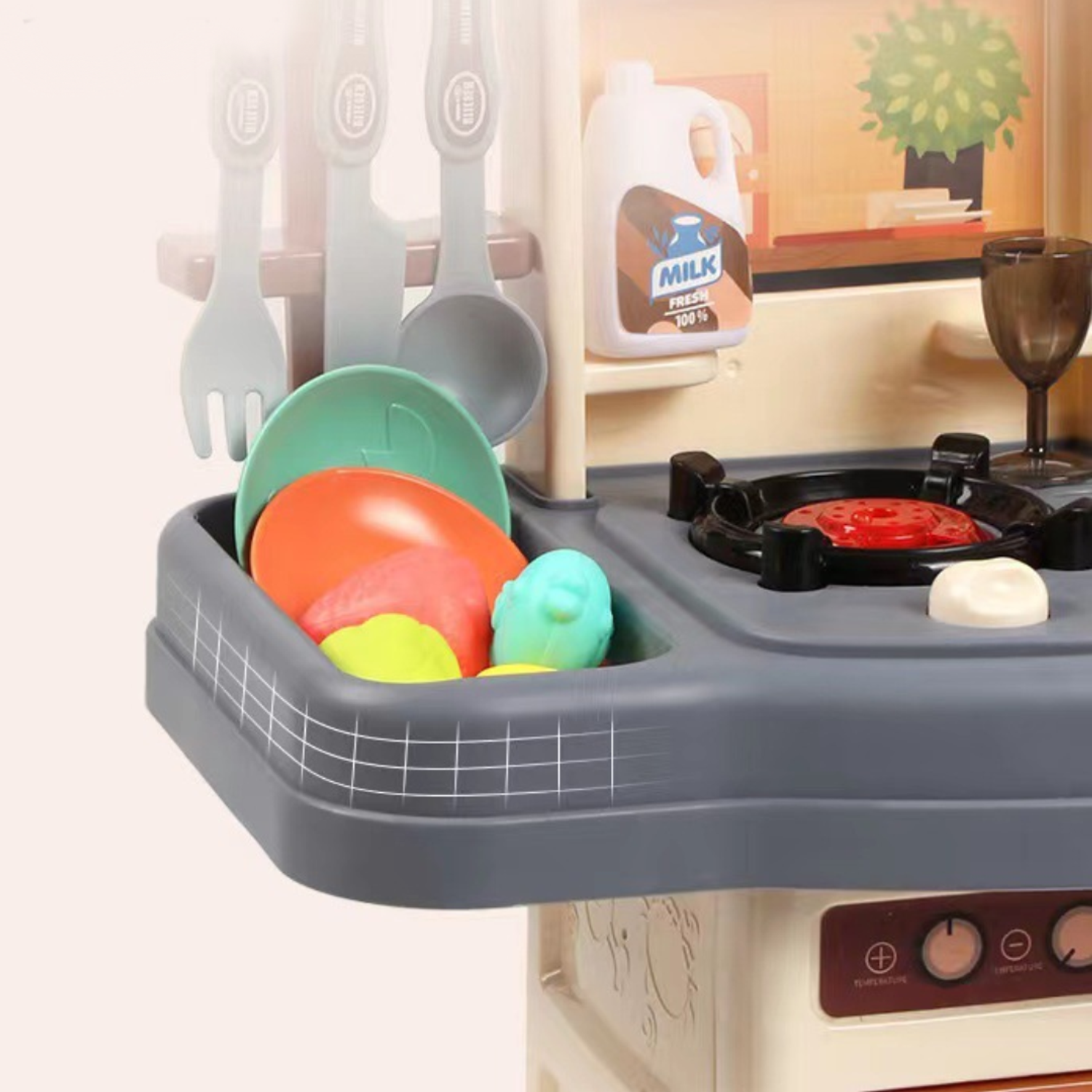Интерактивная детская кухня SHARKTOYS со светом паром звуками посудой продуктами 21 предмет - фото 4
