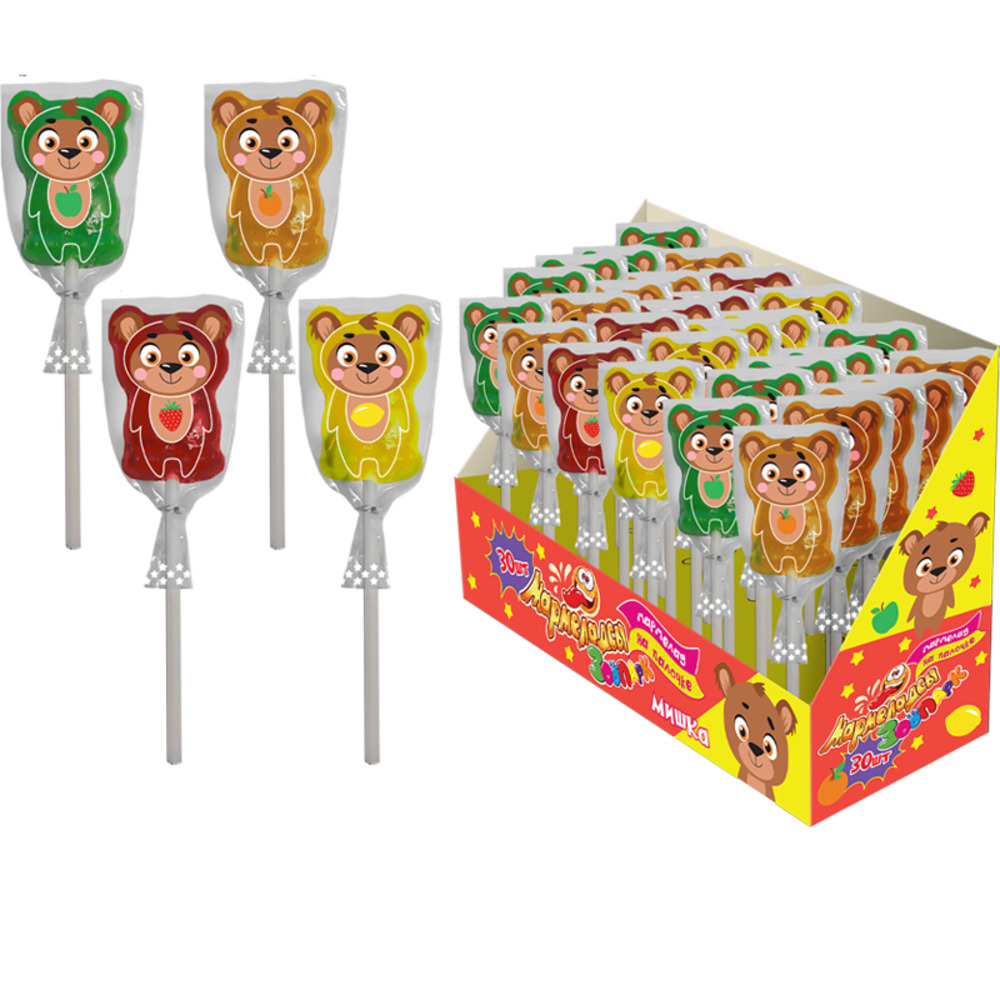 Фигурный мармелад на палочке Fun Candy Lab Мармеладсы Зоопарк МИШКА ассорти вкусов 30 шт по 14 гр - фото 1