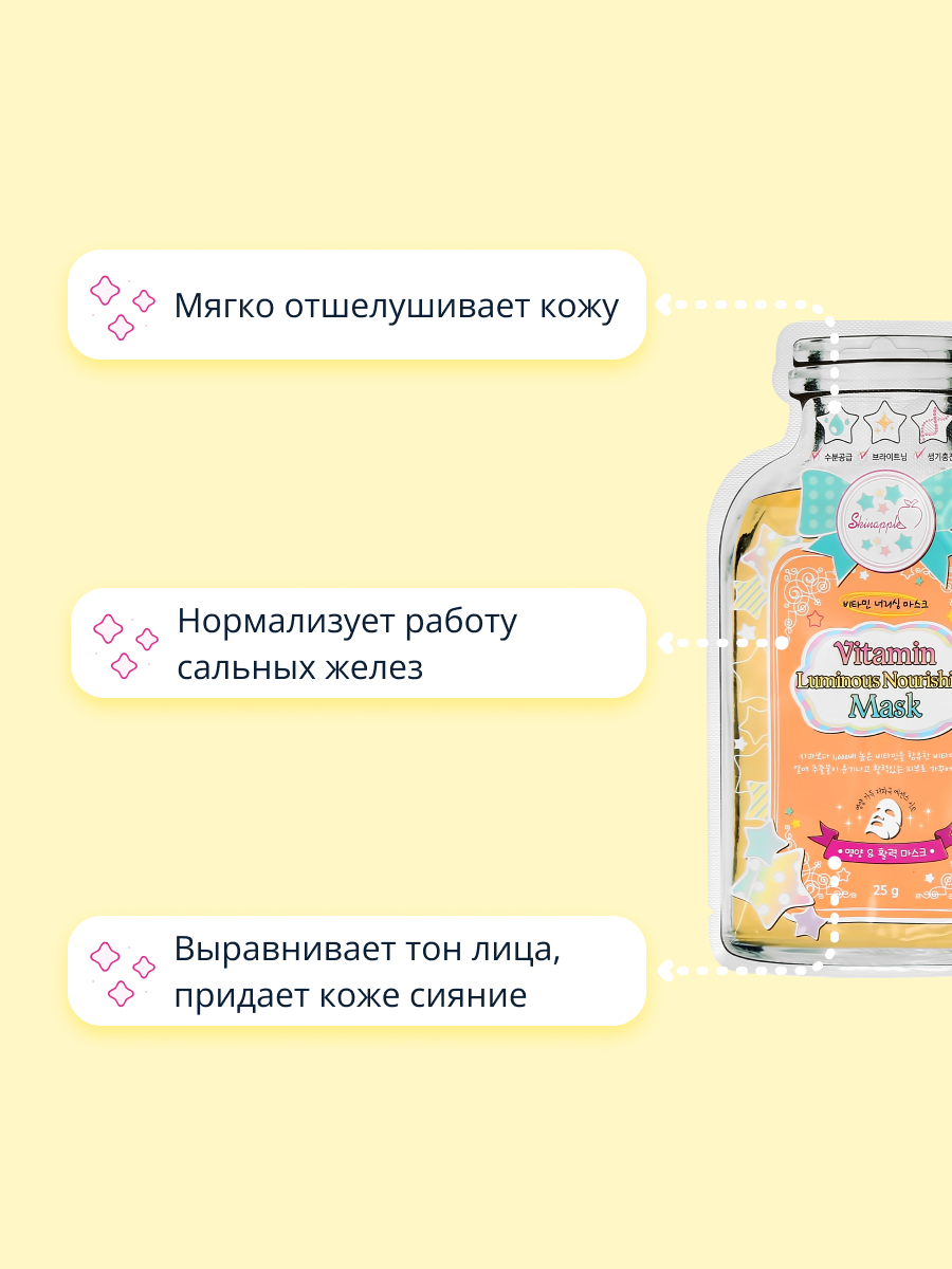 Маска тканевая Skinapple Cosmetic с витаминами для сияния кожи 25 г - фото 3