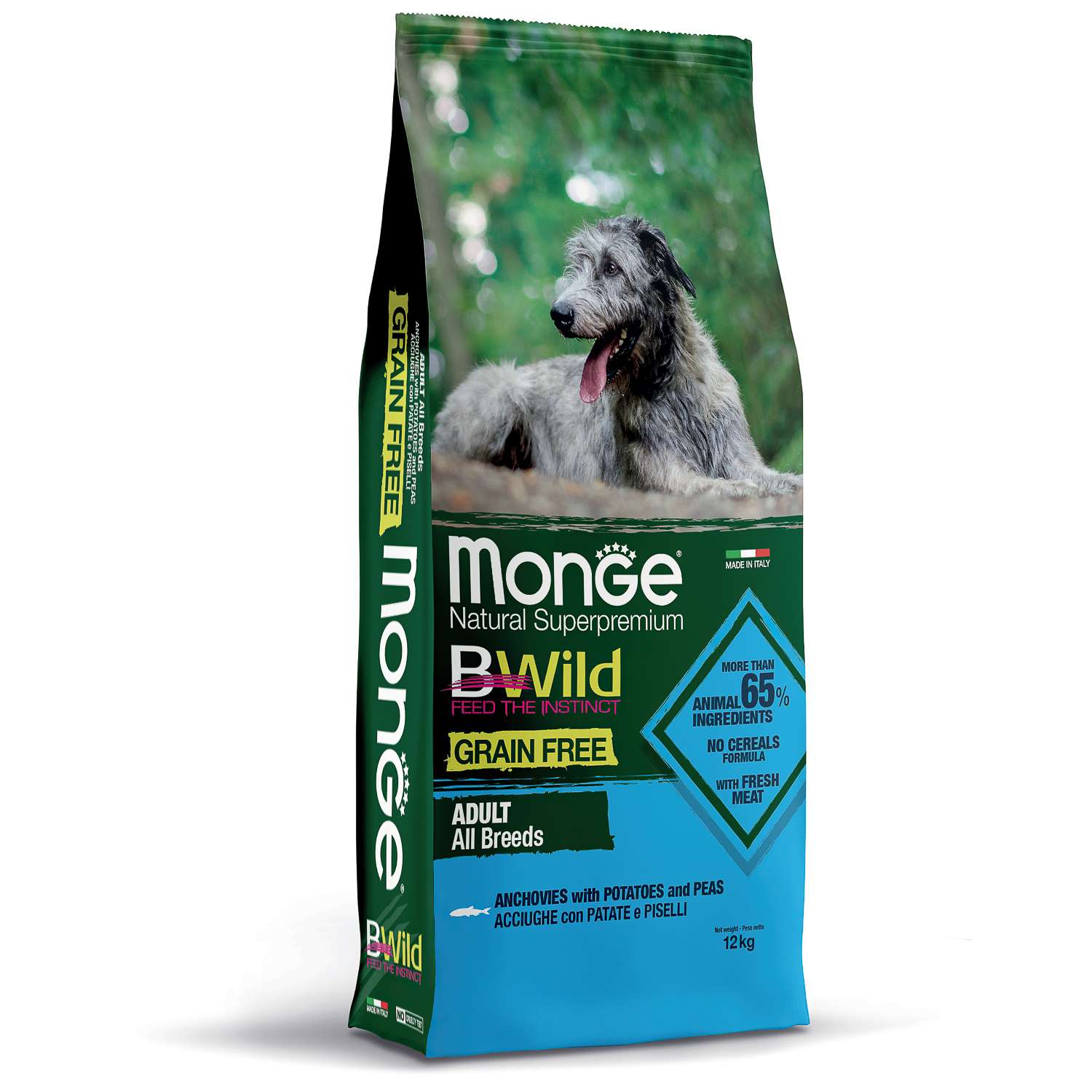 Корм для собак MONGE BWild Grain free из анчоуса с картофелем и горохом 12кг - фото 1