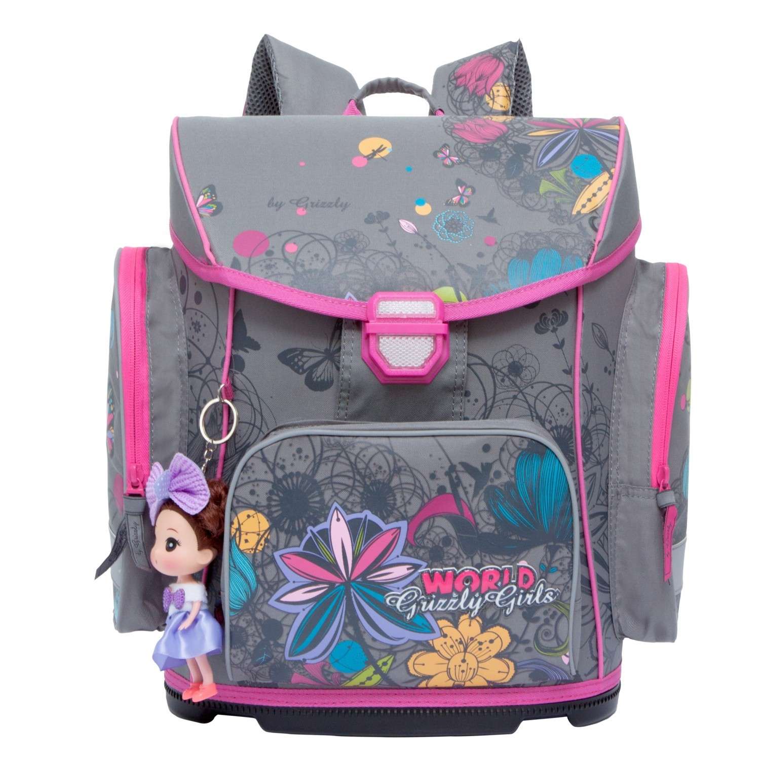 Рюкзак для девочки Grizzly Цветы(серый) - фото 1