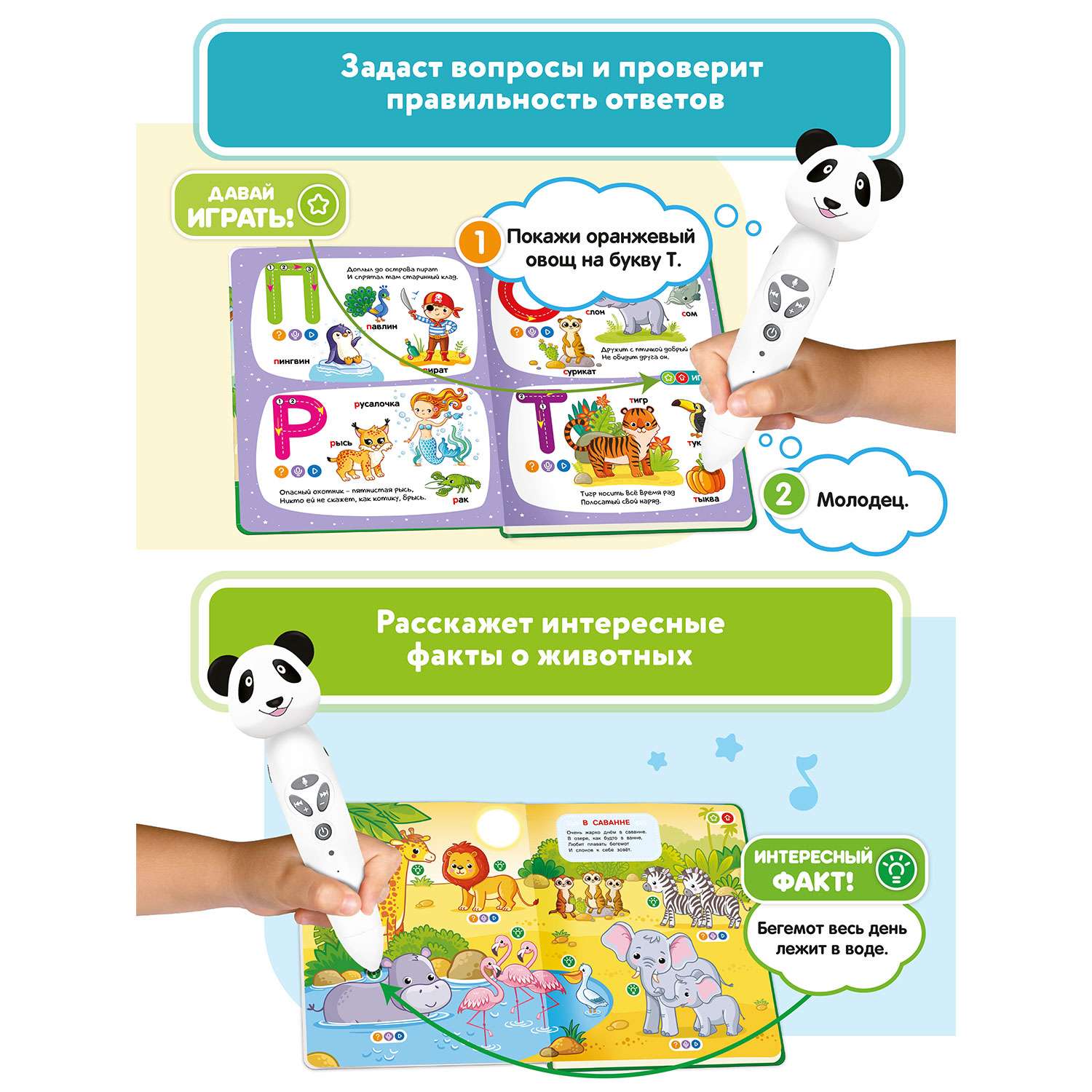 Интерактивная игрушка BertToys панда Тичи + 2 книги Моя Азбука и Животные - фото 5